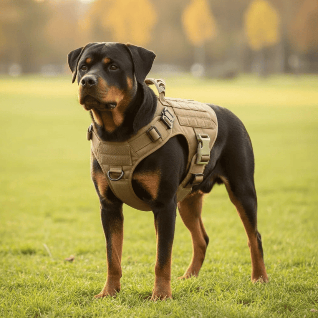 Black K9 dog harness, anti-pull, adjustable straps for secure fit on medium to large active dogs.