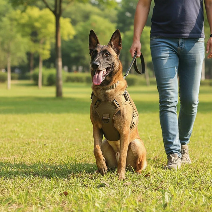 Side view of anti-pull K9 dog harness demonstrating ergonomic design and breathable material.