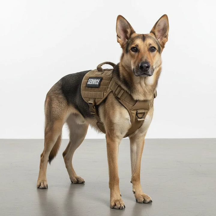 Dog wearing an adjustable K9 harness, showing proper fit and comfort for active training sessions.
