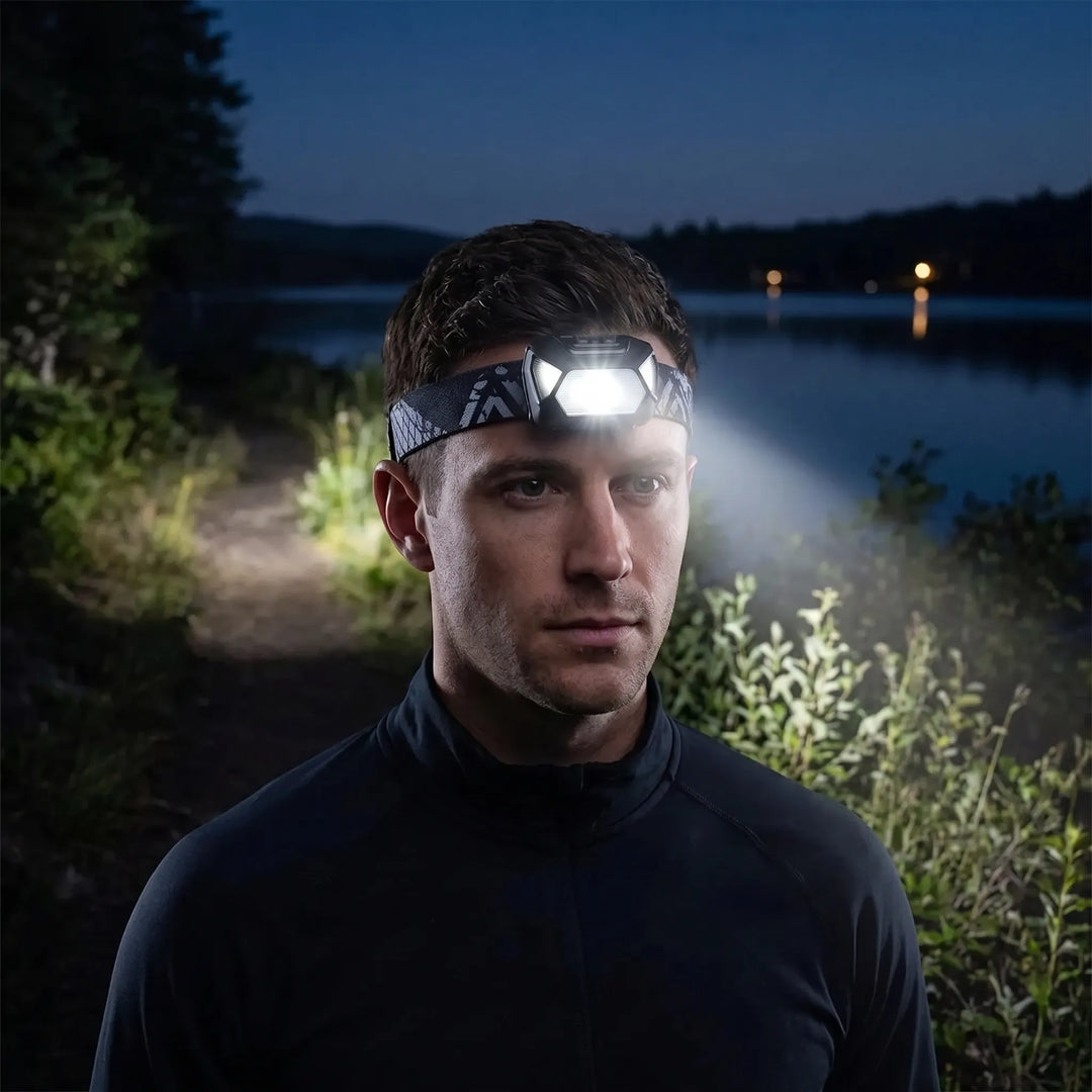 Unisex adjustable LED headlamp for hands-free outdoor lighting during camping, hiking & other activities.