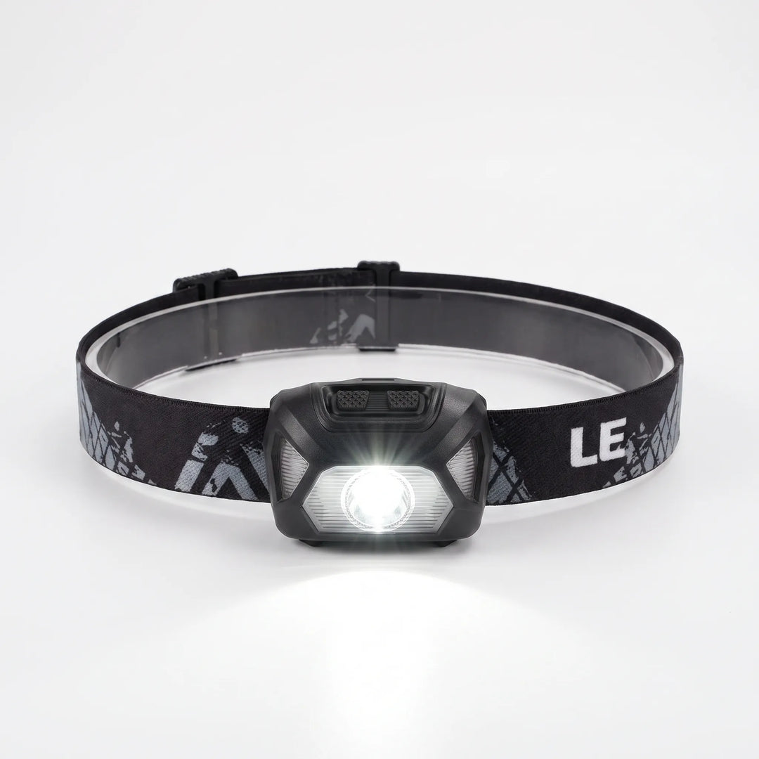Bright LED headlamp, unisex design, adjustable strap for comfortable hands-free outdoor task lighting.