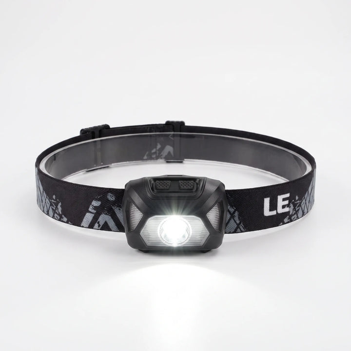 Bright LED headlamp, unisex design, adjustable strap for comfortable hands-free outdoor task lighting.