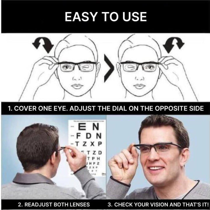 Innovative adjustable reading glasses for precise vision correction. Unisex dual-lens eyewear for all prescriptions.