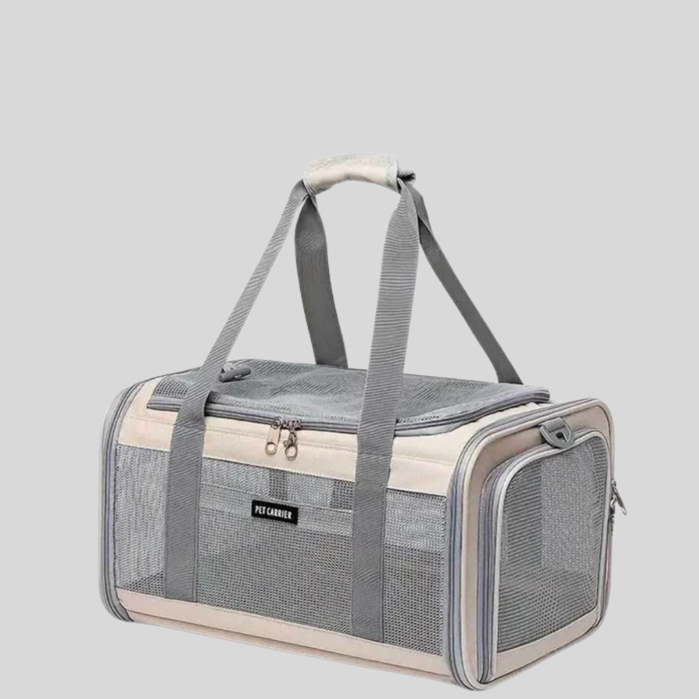 Unisex airline approved pet carrier, black, foldable with mesh ventilation for cats and dogs, side view.