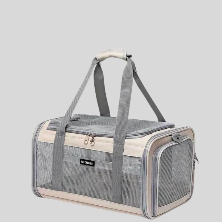 Unisex airline approved pet carrier, black, foldable with mesh ventilation for cats and dogs, side view.