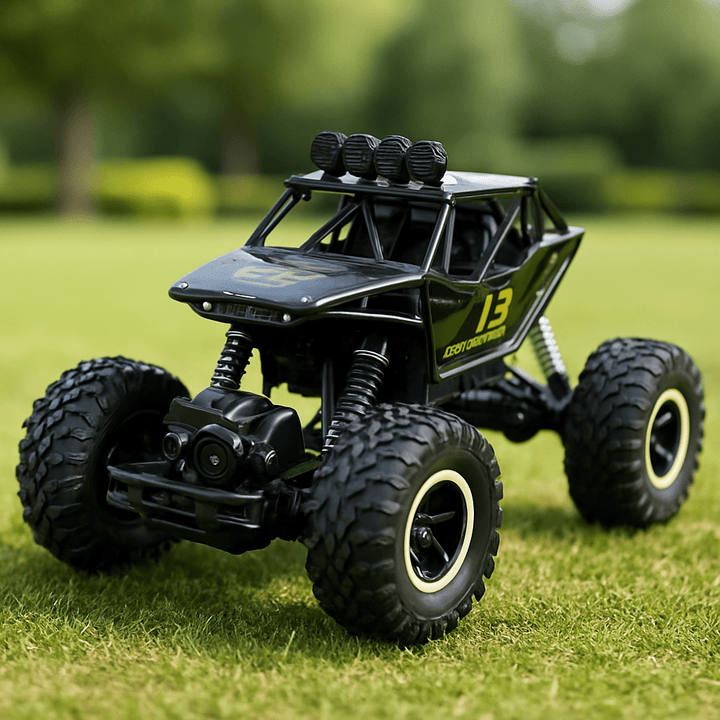RC Monster Truck performing a thrilling jump over a small ramp, dynamic off-road toy action.