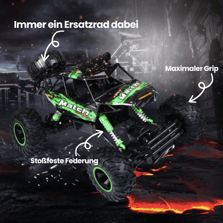 Close-up of the large, robust tires of the Unisex All-Terrain Remote Control Monster Truck.