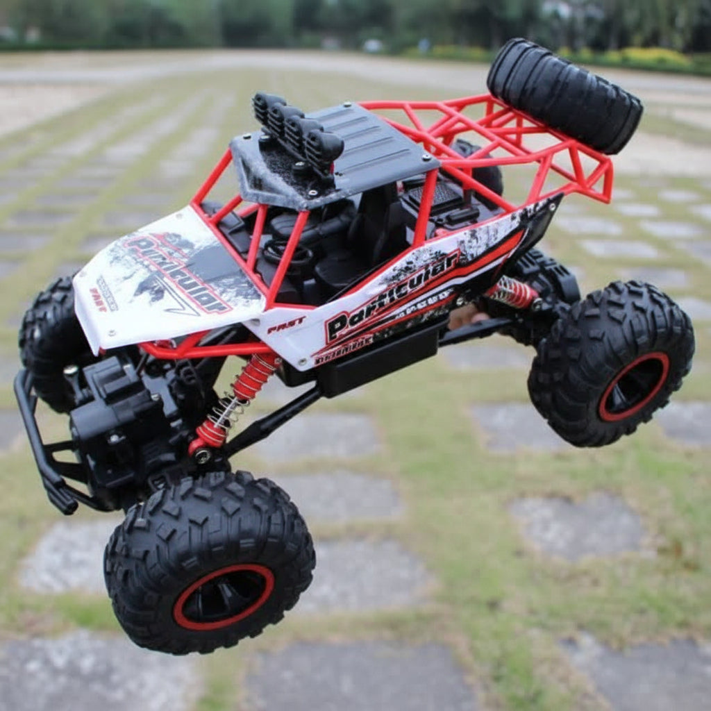 Unisex RC Monster Truck demonstrating its powerful suspension on uneven ground. Durable toy fun.