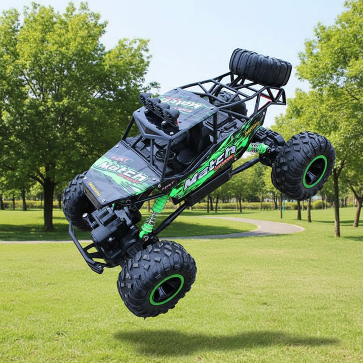 Action shot of a Remote Control Off-Road Truck navigating a challenging outdoor obstacle course.