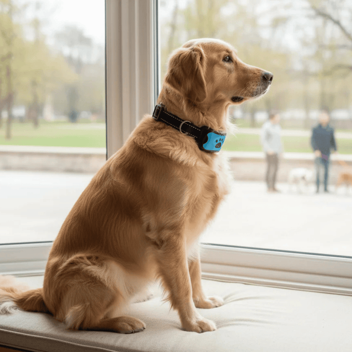 Dog wearing a black anti-bark vibration collar for effective, humane training and bark control.