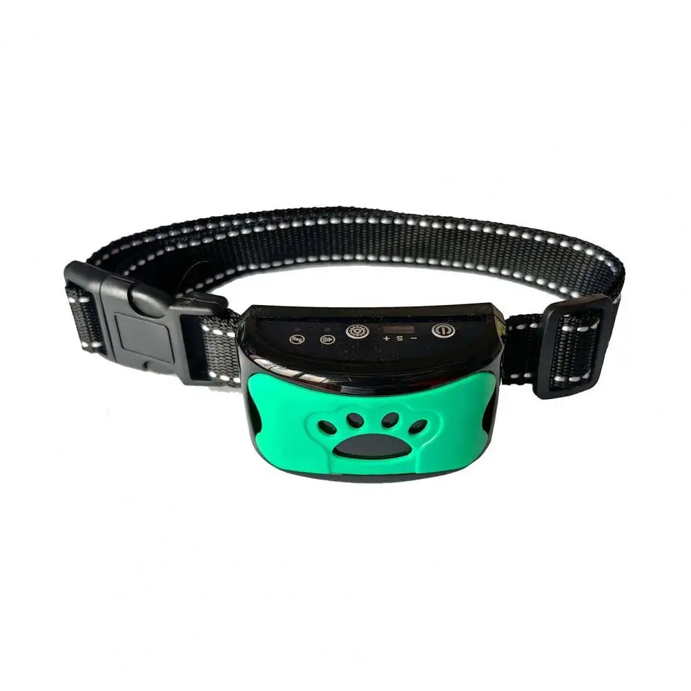 Side view of a dog wearing an anti-bark vibration collar, designed for humane behavior correction.