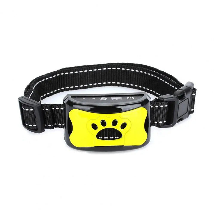 Unisex anti-bark training collar with vibration, displayed next to a remote for dog training.