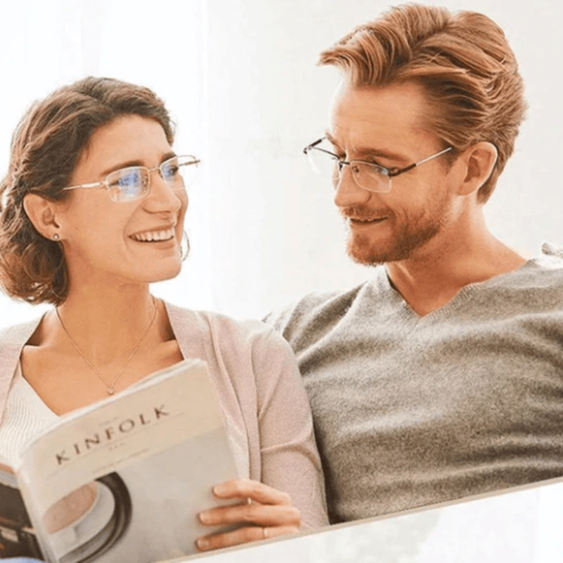 Lightweight multifocal reading glasses with blue light filter and flexible frames, perfect for presbyopia.