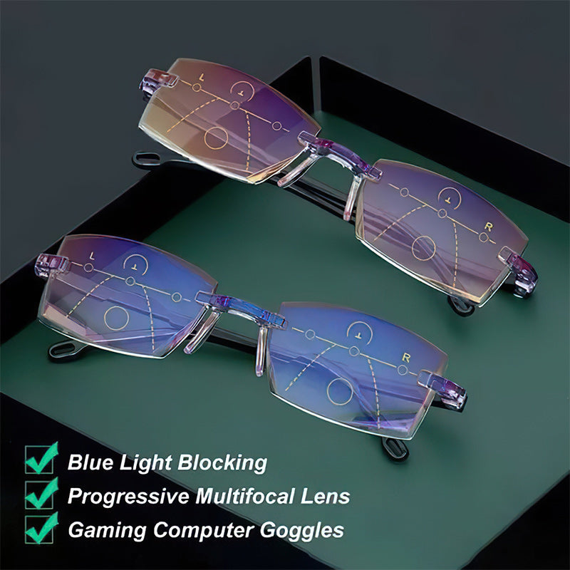 Gold frame anti-glare multifocal reading glasses for men & women. Protects eyes from digital strain.