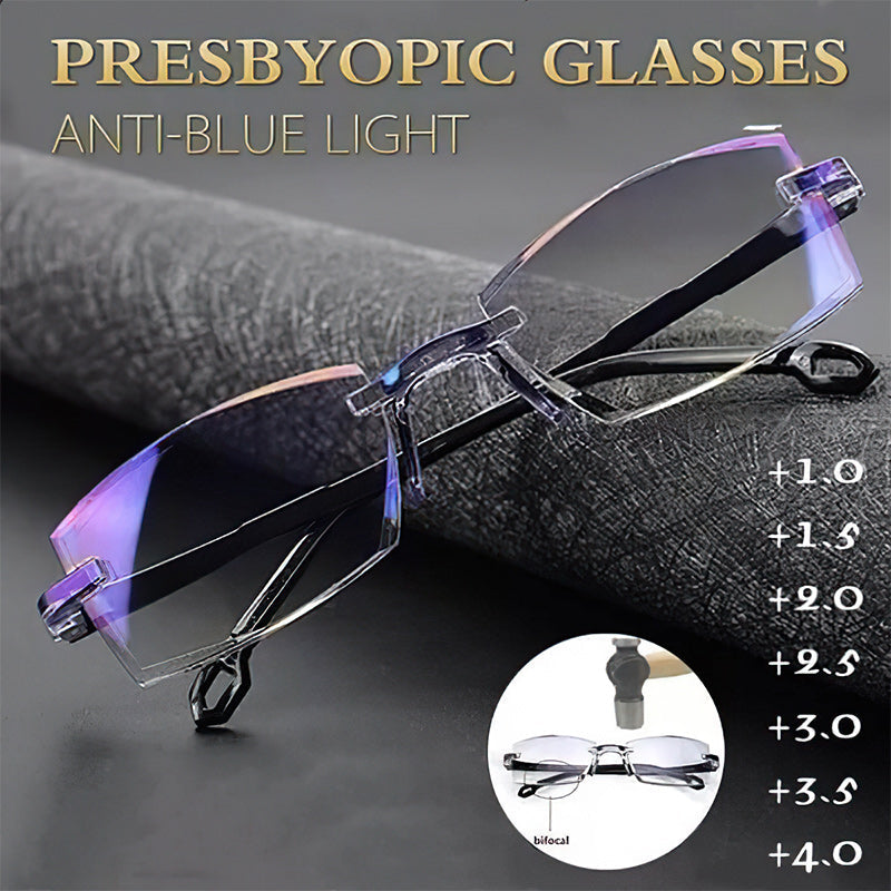 Modern unisex multifocal glasses with blue light filtering for clear, comfortable reading & vision care.