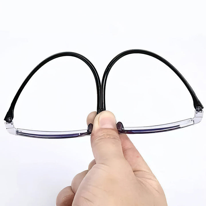 Lightweight gold multifocal reading glasses with advanced blue light blocking technology.