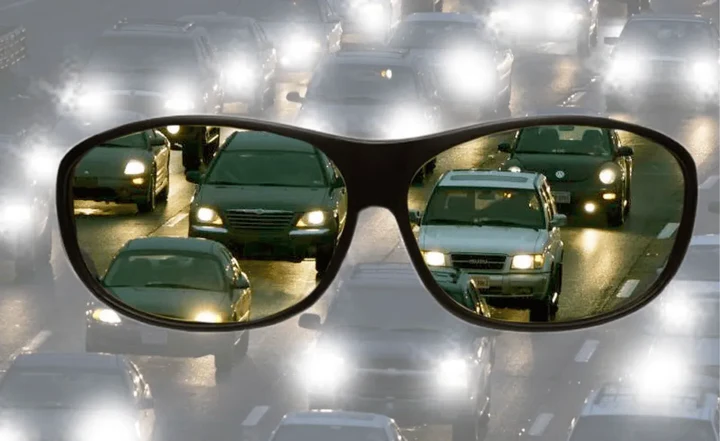 Close-up of anti-glare night driving glasses, reducing glare for safer vision.