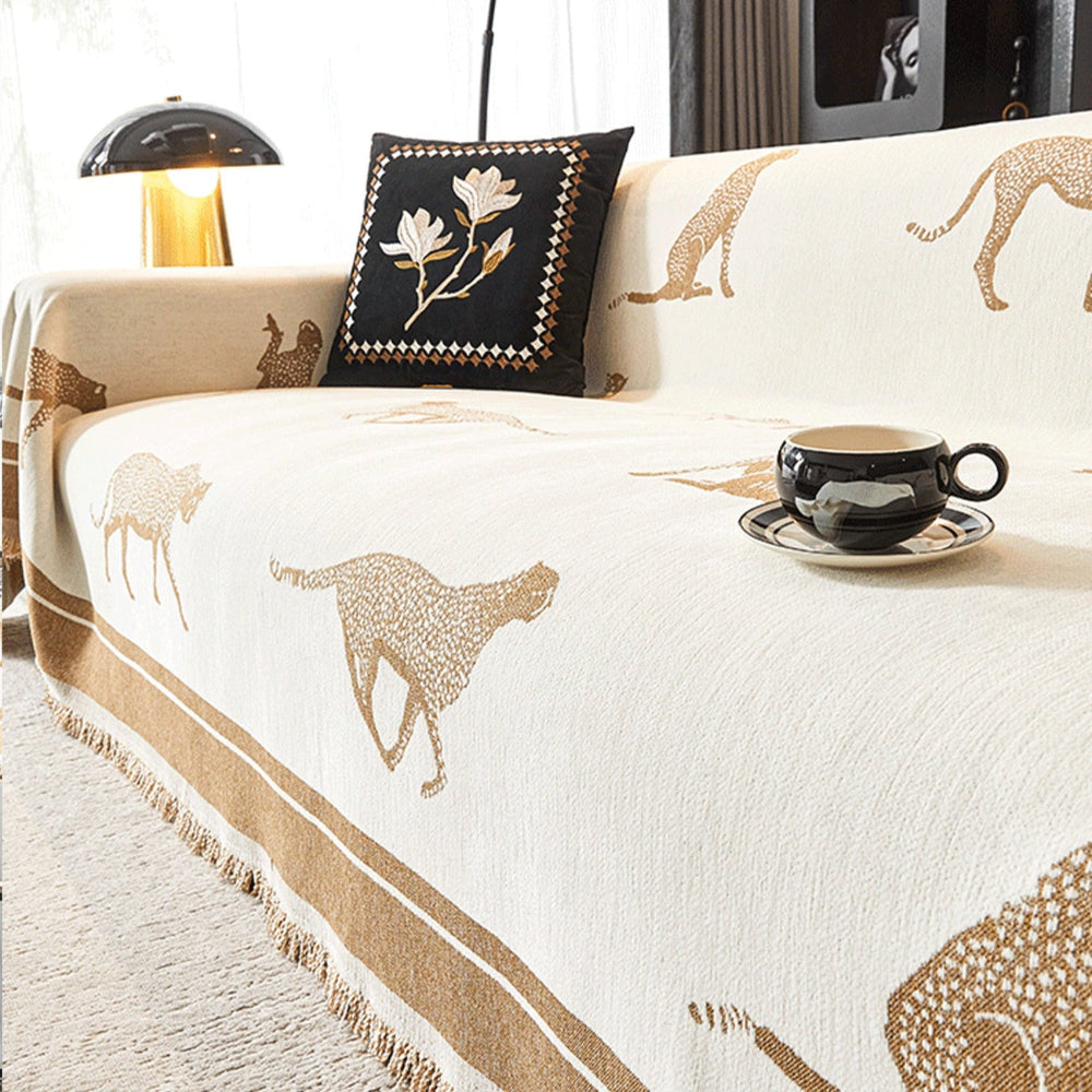 Anti-pilling cheetah print couch protector, stylish home decor for any sofa.