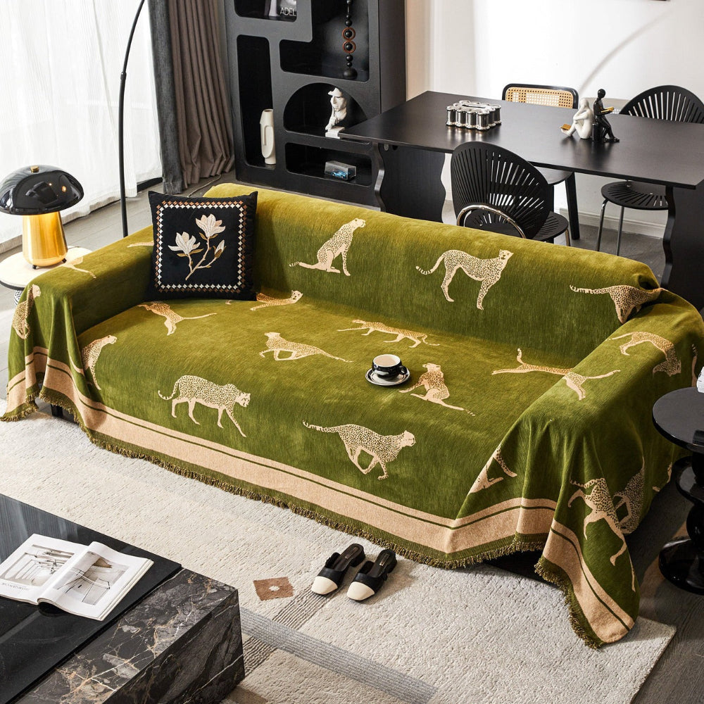 Stylish cheetah print couch protector, ideal for pet-friendly home decor.