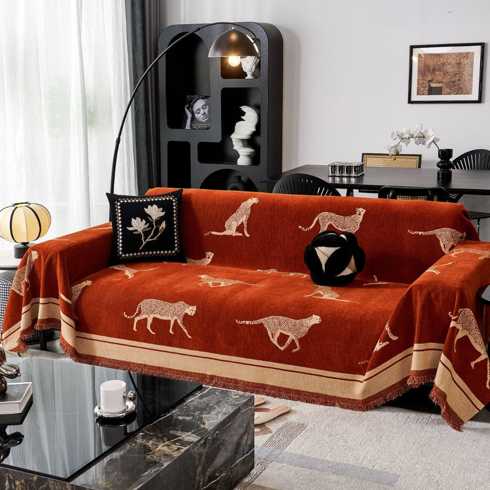 Cheetah print furniture protection, a unisex and pet-friendly sofa cover.