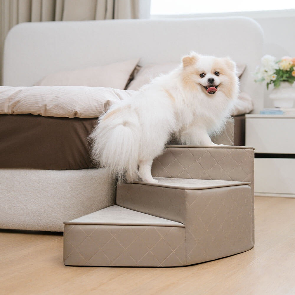 Close-up of anti-slip pet steps with removable cover, providing joint support for pets