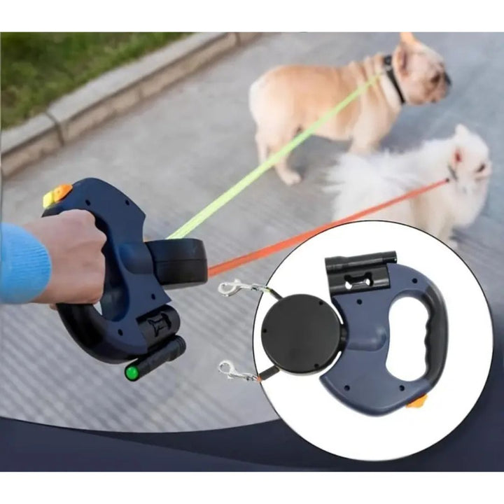 Unisex anti-tangle double dog leash with integrated LED light for safe night walking, black.