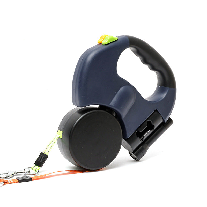 Durable anti-tangle double dog leash with prominent LED light ensuring pet safety during walks.