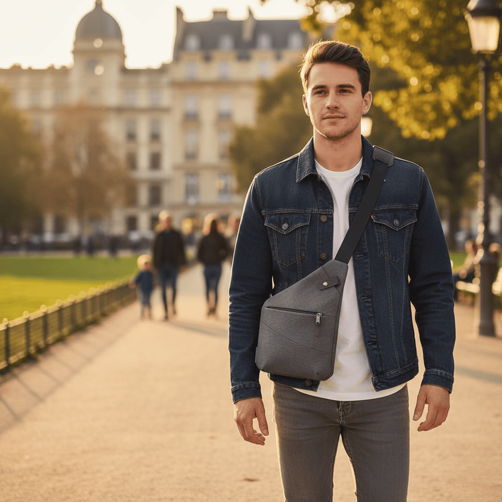 Black anti-theft shoulder bag with secure zippers, ideal for commuters and travelers.