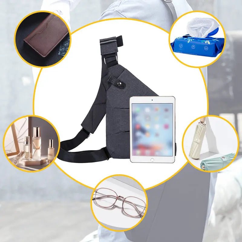 Unisex secure anti-theft bag, worn crossbody, highlighting its comfortable and lightweight design.