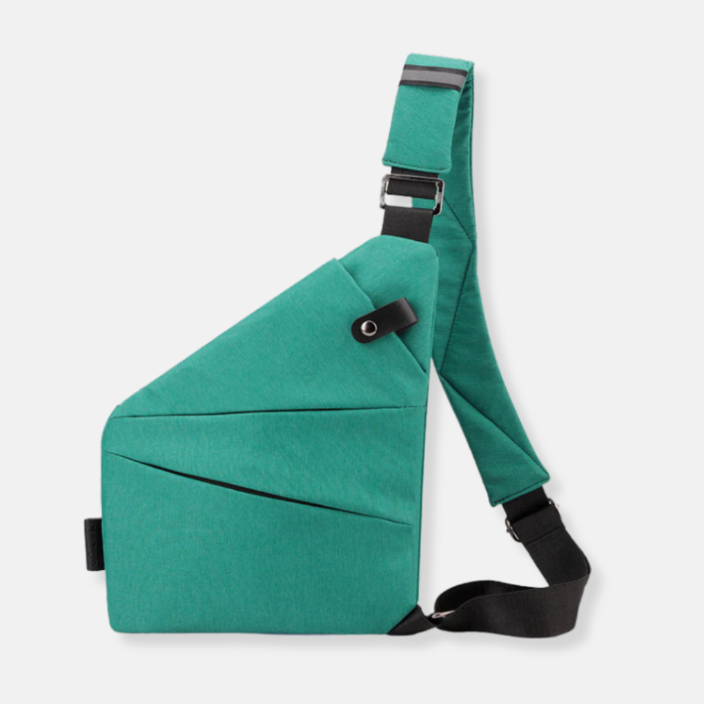 Anti-theft travel organizer bag, grey, with hidden compartments and comfortable sling strap.