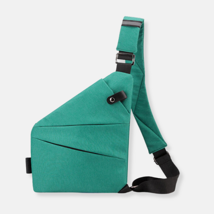 Anti-theft travel organizer bag, grey, with hidden compartments and comfortable sling strap.