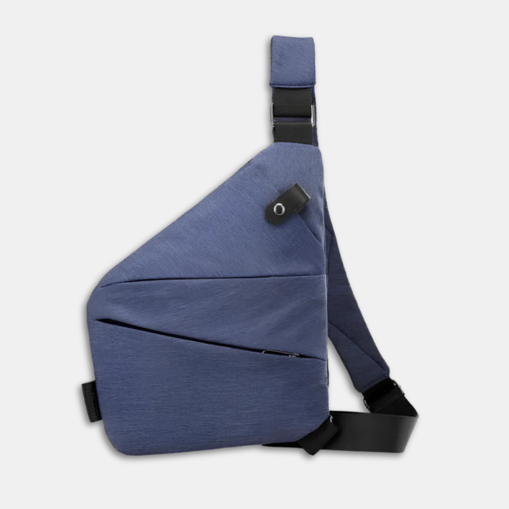 Secure travel bag, cross-body style, with anti-cut material and hidden pockets for valuables.