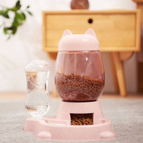 Grey automatic pet food and water dispenser for dogs and cats, ensuring pet health with consistent feeding