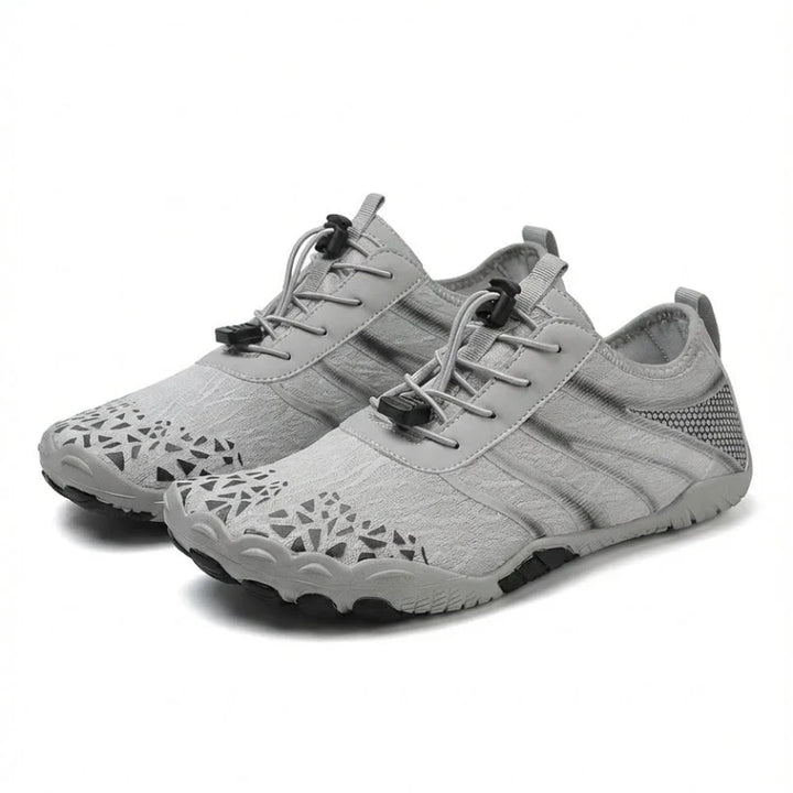 Close-up of breathable fabric on unisex barefoot shoes, ensuring comfort for natural daily movement.