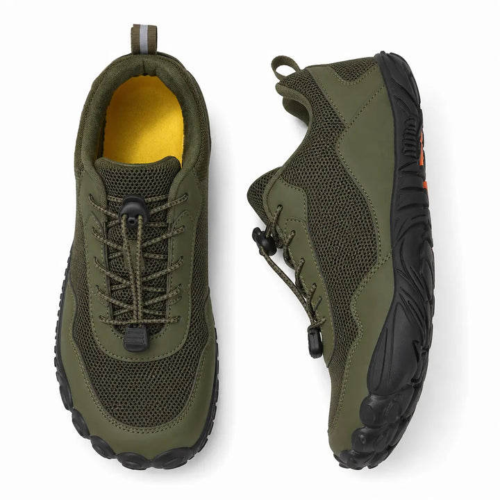 Unisex barefoot hiking trainers with wide toe box, non-slip grip, and flexible sole for natural movement.