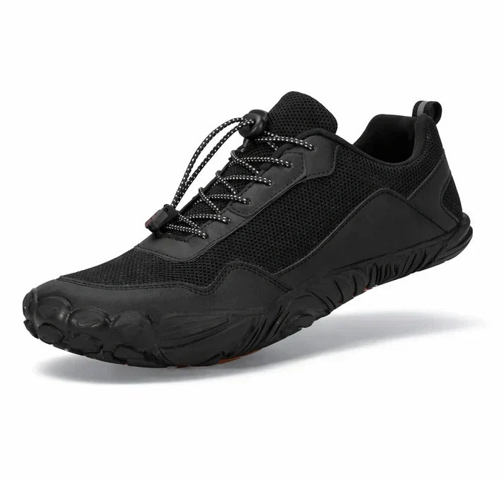 Dynamic shot of a unisex barefoot hiking trainer in action, showcasing flexibility and non-slip grip during a walk.
