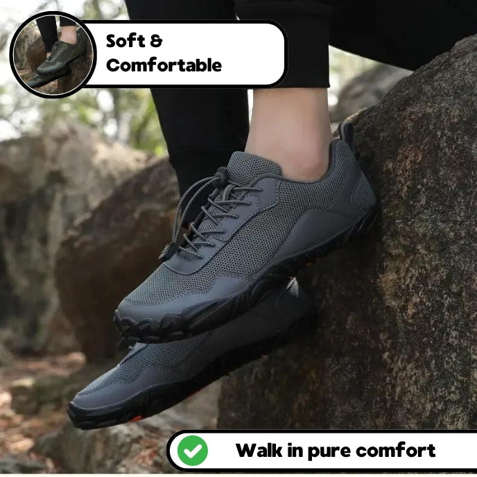 Product shot: sleek unisex barefoot hiking trainers with a wide toe box and durable non-slip sole on white background.