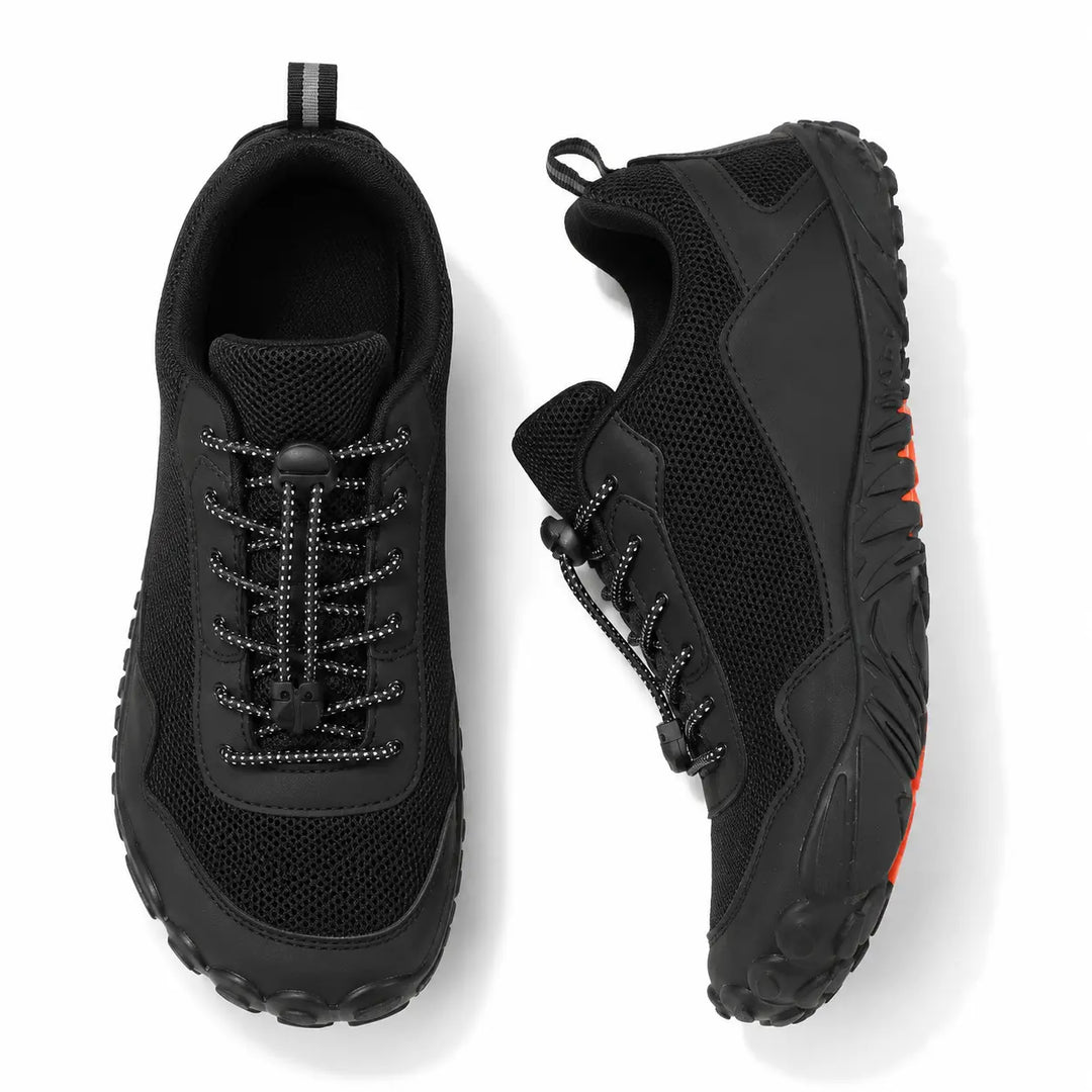 Durable unisex outdoor walking shoes with non-slip grip sole, ideal for secure barefoot hiking on varied terrains.