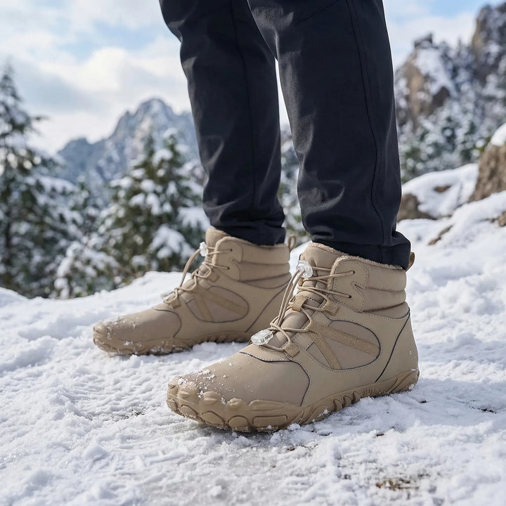 Unisex barefoot winter ankle boots for cold weather outdoor adventures, water repellent & fleece-lined.