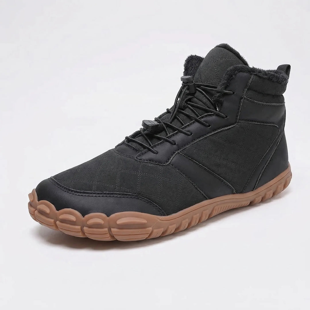 Warm fleece-lined barefoot boots, perfect for winter outdoor adventures & comfortable cold weather hiking.