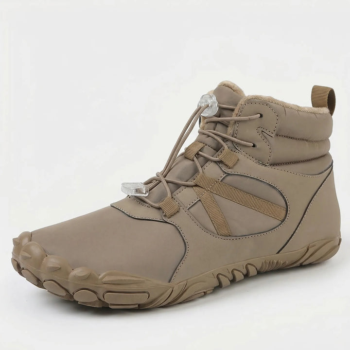 Lightweight barefoot trekking boots, unisex, water repellent and fleece-lined for comfortable winter exploring.