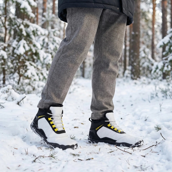 Unisex barefoot winter boots with wide toe box, fleece lining, and water repellent design for snow & hiking.