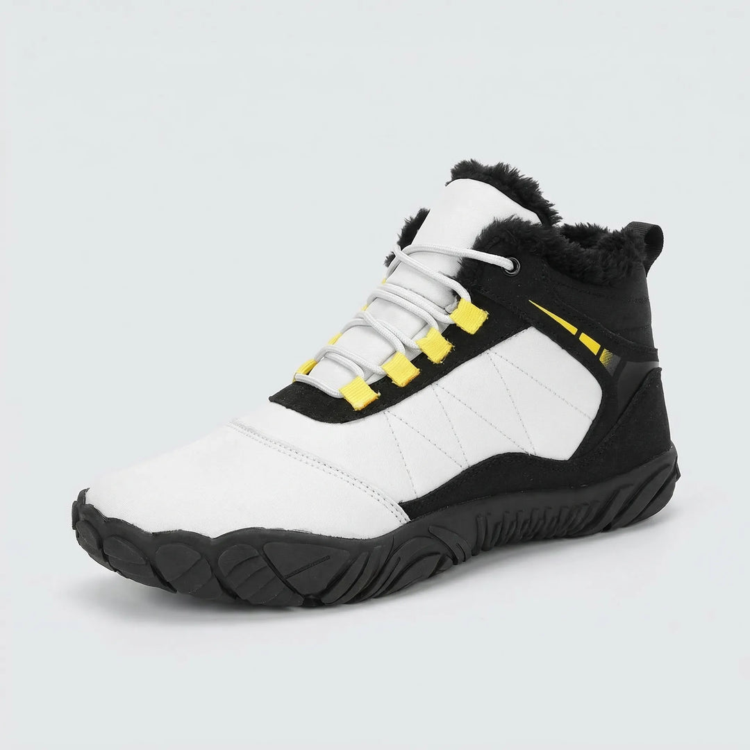 Warm unisex wide toe box barefoot boots, fleece-lined for winter hiking & snow trekking comfort. Water repellent.