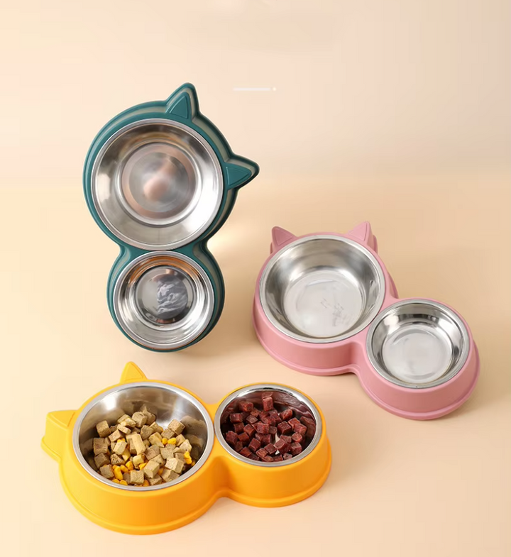 Unisex black cat ear double pet bowl set with stainless steel inserts for food and water