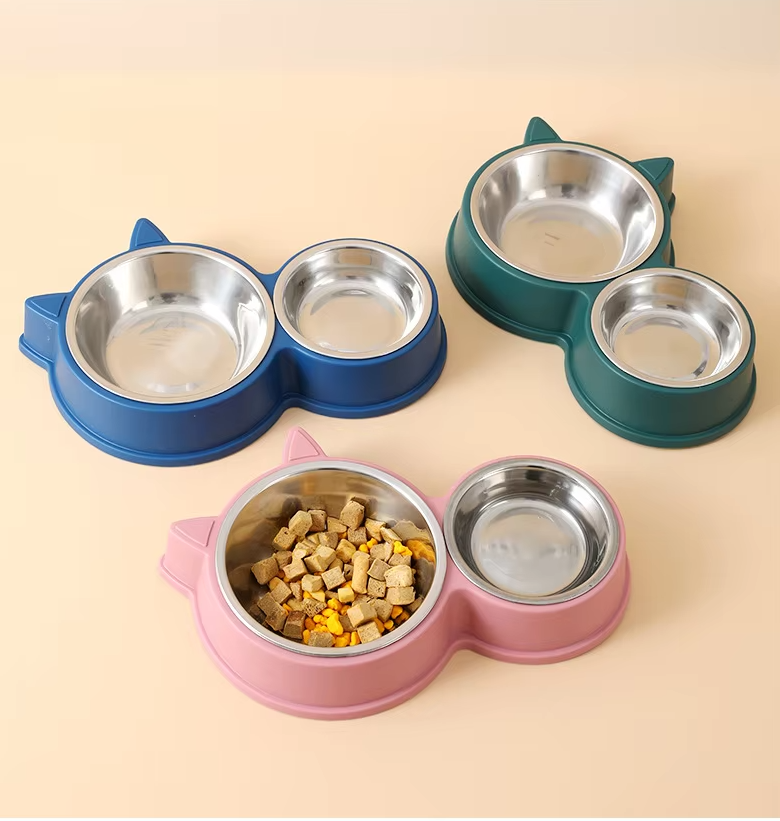 Durable stainless steel cat bowls in a black cat ear design with non-slip base