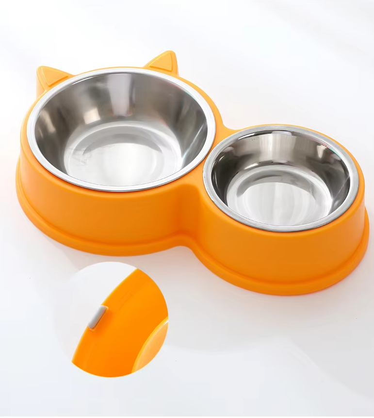 Stylish pet feeding station featuring double stainless steel bowls and a cat ear silicone mat