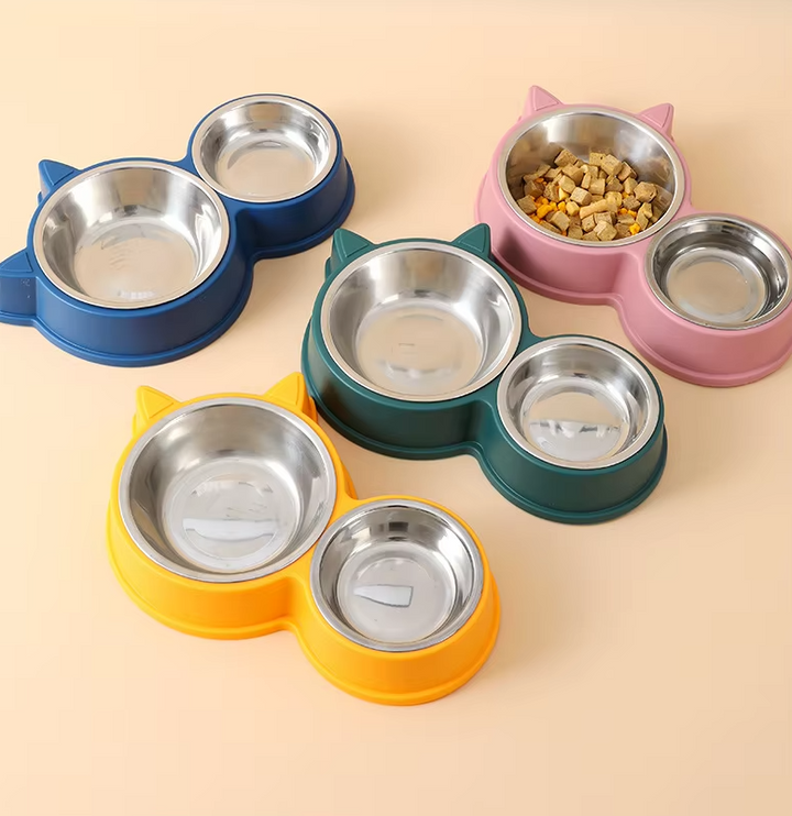 Pet food and water bowls: black cat ear design with removable stainless steel inserts, non-slip