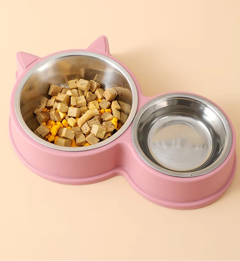 Adorable animal dishes: black cat ear non-slip double pet bowl set, stainless steel