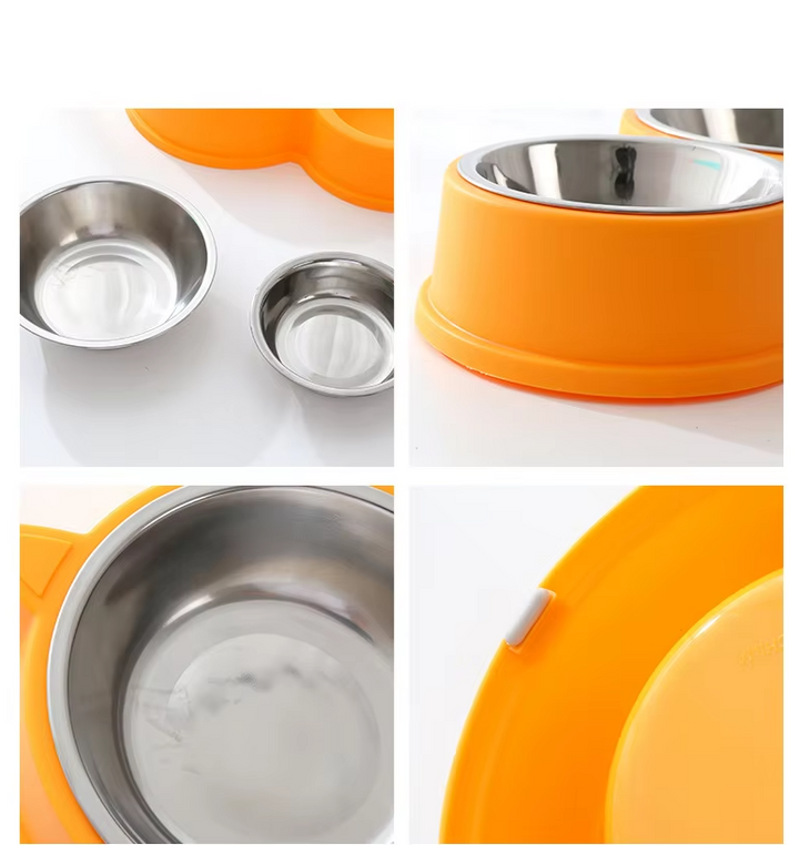 Practical cat bowls: double stainless steel inserts in a non-slip black cat ear silicone mat