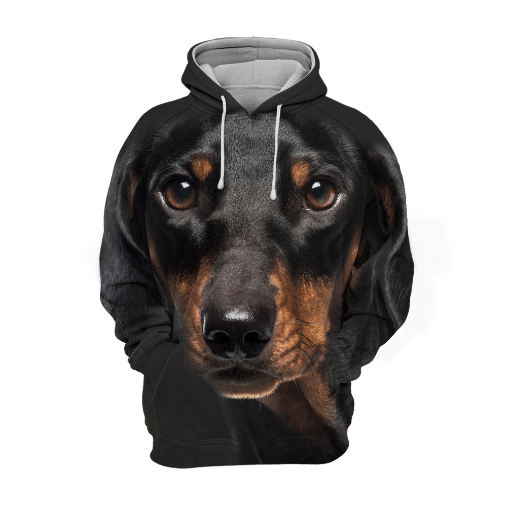 Unisex black dachshund print hoodie made from polyester-cotton blend, perfect dog lover gift